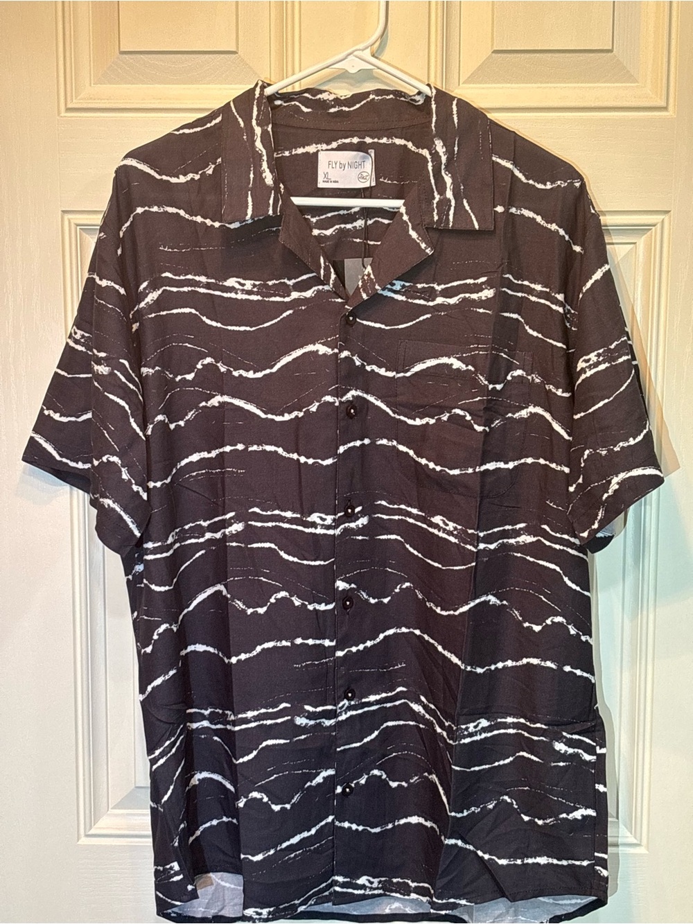 Men's Black Button-Down Shirt with White Wave Print